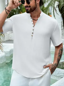 Men's white short sleeve cotton linen breathable Henley shirt with deep V-neck and buttons