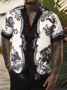 Men's Ink-wash Horse Print Short Sleeve Shirt Summer Lapel Unique Printed Design European Size Casual Button Up Beach Top