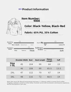 Size chart and information for men's color-block faux leather motorcycle jacket.
