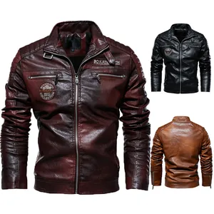 Vintage-Bikerjacke aus PU-Leder für Herren mit Fleece-Futter in verschiedenen Farben