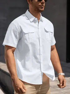Men's white short sleeve cotton shirt with turn-down collar and double chest pockets