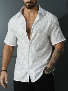 Men Vintage Sequin Short Sleeve Shirt Shiny Sparkle Button Down Top For Disco Party Nightclub Stage Performance