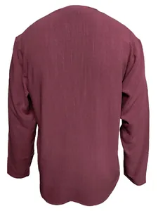 Men's lightweight burgundy long-sleeve casual linen-like shirt shown from the back view