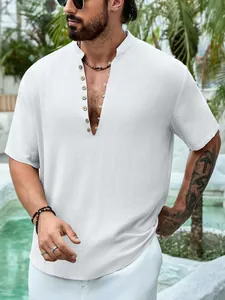 Men's casual white short sleeve Henley shirt with deep v-neck and linen cotton texture