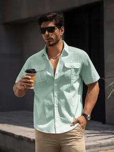 Men's mint green short-sleeved cotton shirt with double chest pockets and lapel collar