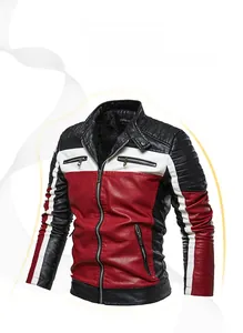 Fleece-lined color-block motorcycle leather jacket for men with stylish stand collar