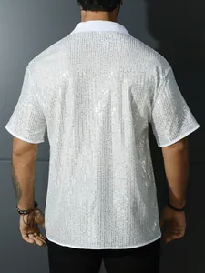Men's vintage white short-sleeved shirt with shimmering silver sequins for parties