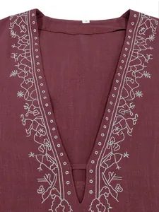 Men's casual V-neck breathable linen shirt with stylish white ethnic embroidery detail