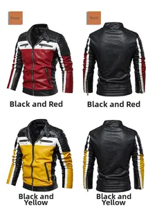 Men's stand collar fleece-lined biker leather jacket in contrast color blocks