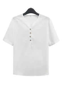 Men's lightweight white short sleeve V-neck shirt with breathable linen texture and buttons