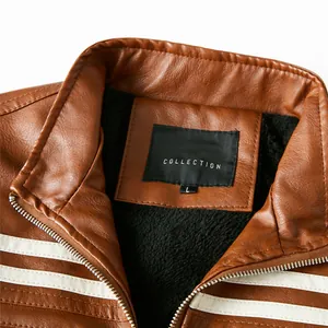 Detail view of a men's brown motorcycle leather jacket with fleece lining and stripes