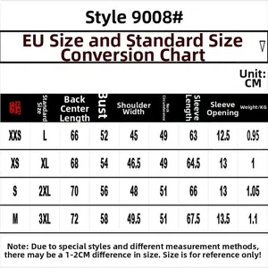 Detailed size chart for men's fleece-lined motorcycle leather jacket in CM units