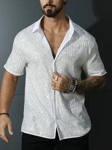 Men's sparkling silver sequin short sleeve button-down shirt for party and club wear