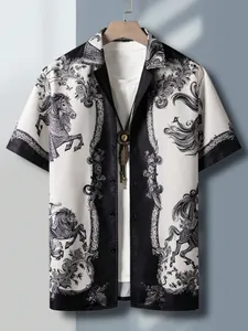 Men's summer shirt with unique ink-wash horse print and vintage button-down collar design.