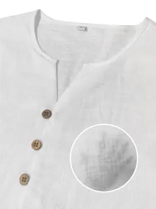 Breathable men's white short-sleeved linen shirt with V-neck and wooden buttons detail