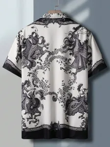 Mens vintage ink horse print short sleeve button down shirt with artistic design