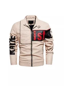 Fashionable men's beige PU leather motorcycle jacket with trendy color-block design