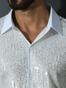 Sparkling men's sequin shirt with white turn-down collar for parties and clubs.
