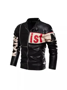 Men's trendy black PU leather motorcycle jacket with color-block beige and red lettering