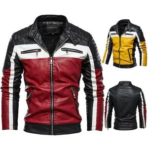 Men Fashion Color Block Motorcycle Faux Leather Jacket Fleece Lined Stand Collar PU Outerwear Warm Winter Top
