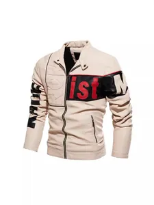 Trendy men's beige faux leather biker jacket with color block patches and graphic prints
