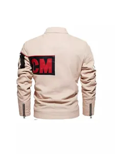 Back view of a trendy beige PU leather motorcycle jacket for men with a bold CM logo