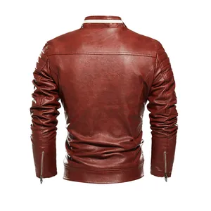 Back view of men's reddish-brown faux leather motorcycle jacket with ribbed sleeve detail