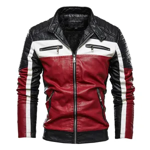 Men's fleece-lined motorcycle jacket with a color-block design in red black and white