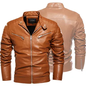 Vorder- und Rückansicht einer braunen Herren-Bikerjacke aus PU-Leder mit Reißverschlussdetails