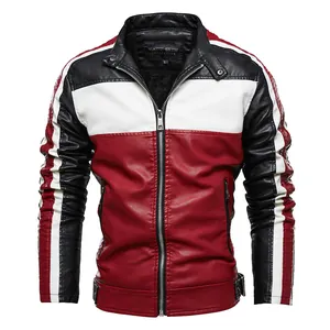 Fashionable men's color-block motorcycle leather jacket with fleece lining in red and black