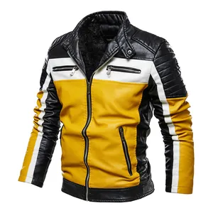Men's color-block faux leather motorcycle jacket with fleece lining and quilted shoulders.