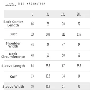 Detailed size chart for men's PU leather jacket including chest and sleeve measurements