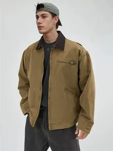 Giacca Detroit vintage da uomo in tela lavata con colletto in velluto e tasche con zip