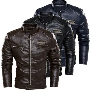 Detailed view of three men's PU leather jackets in brown, black, and navy blue finishes