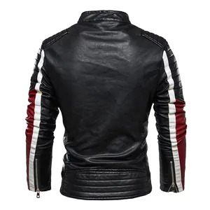 Men's black faux leather motorcycle jacket featuring red and white striped sleeve detailing