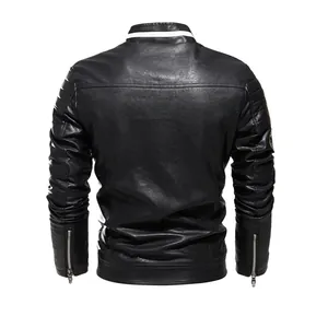 Back view of a sleek black men's motorcycle leather jacket featuring striped collar detail