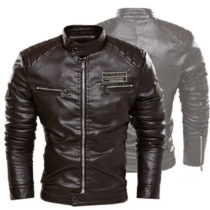 Classic dark brown men's PU leather biker jacket featuring ribbed sleeves and zipper pockets