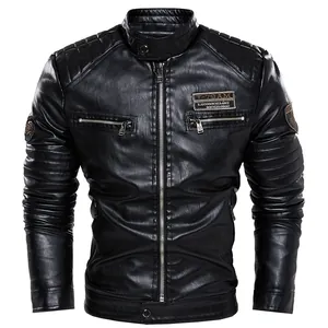 Detailed front view of a black men's PU leather motorcycle jacket featuring multiple zippers