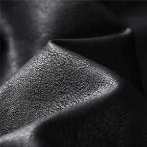 Detailed macro view showing the high-quality black leather texture of a men's biker jacket