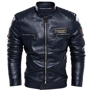 Men's navy blue PU leather motorcycle jacket with stand collar and zipper pockets