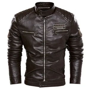 Men's dark brown PU leather jacket with fleece lining and multi-zipper motorcycle style.