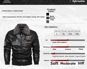 Detail view of men's faux leather flight jacket featuring faux fur collar and patches