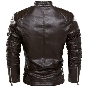 Detailed back view of men's brown faux leather biker jacket with ribbed shoulder accents