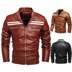 Men's Faux Leather Motorcycle Jacket With Contrast Stripes Stand Collar Fleece Lined Winter Biker Coat Slim Fit Outerwear