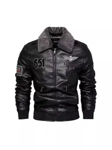 Herren Winter PU-Lederjacke mit Fleece-Futter Kunstpelzkragen Mode Pilot Bomberjacke Lässig Bestickter Outdoor-Mantel