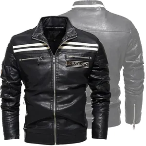 Men's black motorcycle faux leather jacket with stylish white stripes and fleece lining