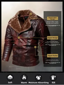 Detail view of men's winter faux leather jacket with warm fleece lining and zippers.