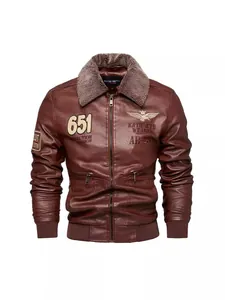 Stilvolle Herren PU-Lederjacke mit warmem Fleecekragen und klassischen Stickereien