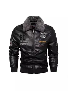 Men PU Leather Jacket Western Biker Bomber Outerwear Faux Fur Collar Fleece Lined Warm Coat With Embroidered Badges Winter