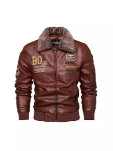 Men's brown PU leather flight jacket with fur collar and military style patches